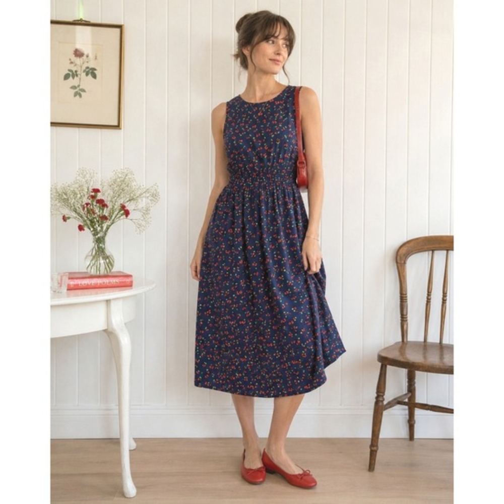 1901 Womens Cherry Print Midi Dress S Petite Cottage Garden Countryside Romantic